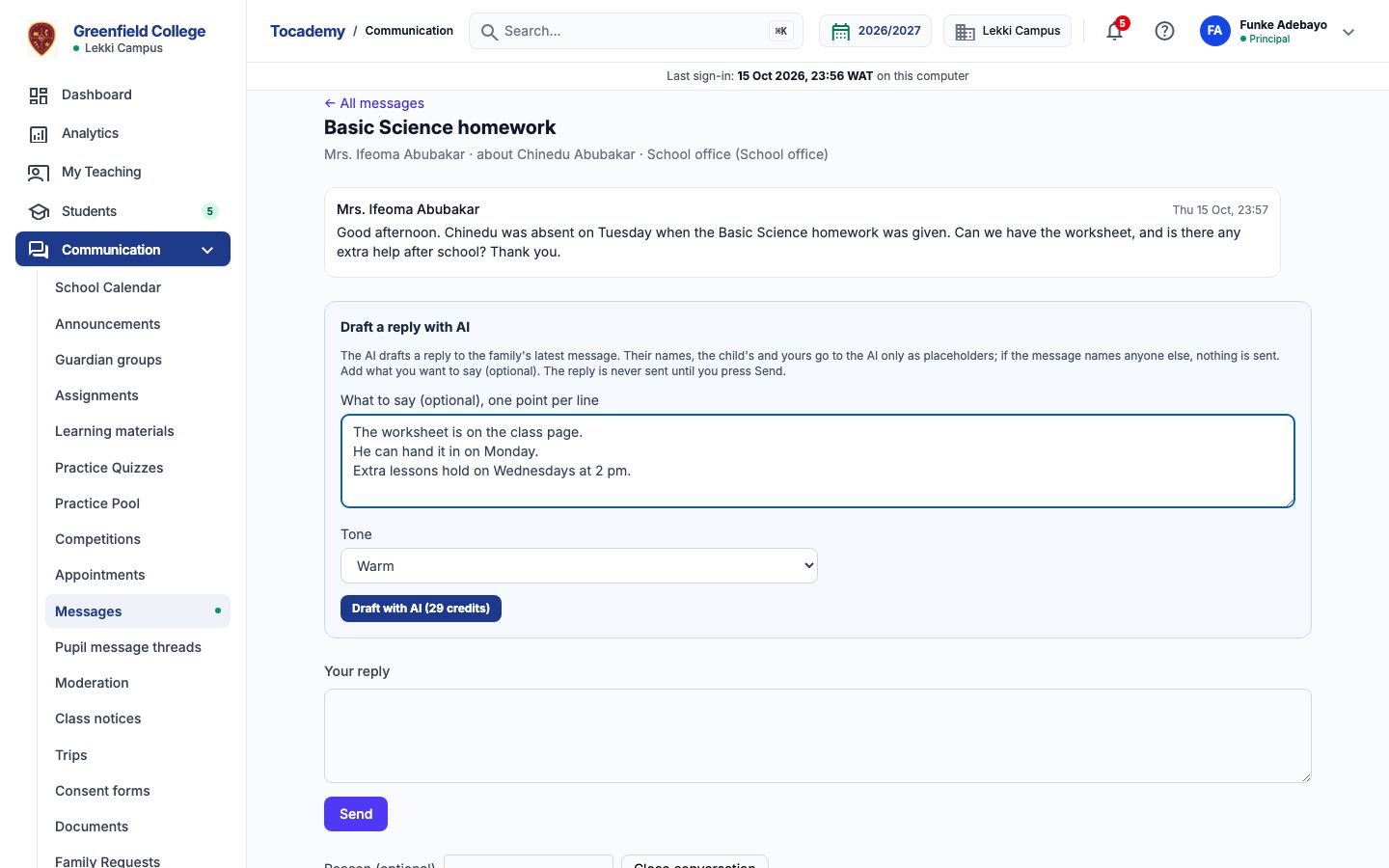 A family's message to the school office about Basic Science homework missed on Tuesday, and below it the Draft a reply with AI box with What to say and Tone and its Draft with AI (29 credits) button.