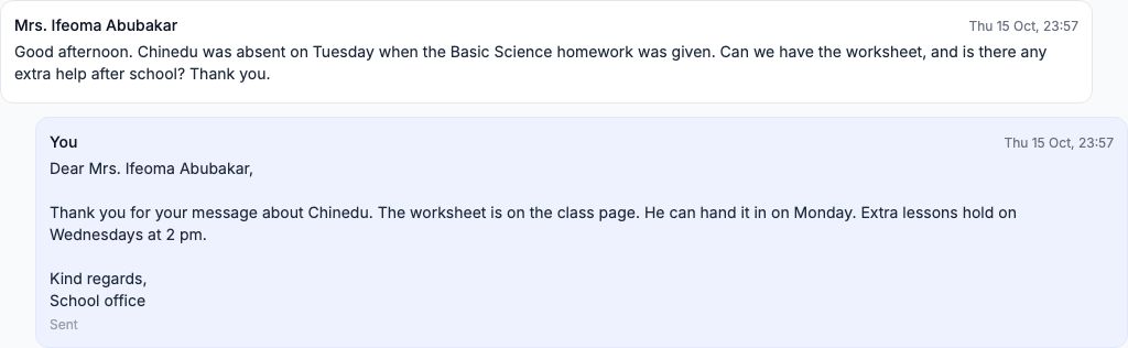 The conversation after Send: the parent's message and the school office's reply below it, as the family receives it.
