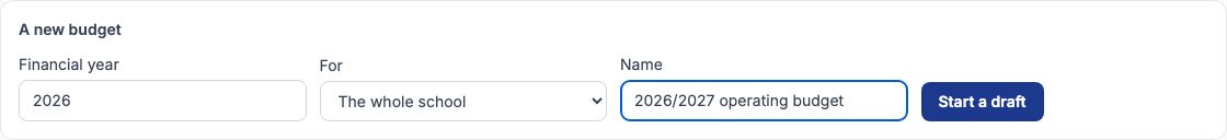 The A new budget form: financial year 2026, for the whole school, named 2026/2027 operating budget, and the Start a draft button