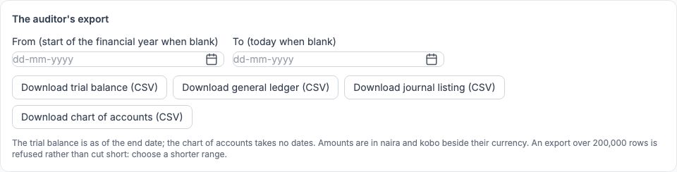 The auditor's export with From and To dates and four buttons to download the trial balance, general ledger, journal listing and chart of accounts as CSV
