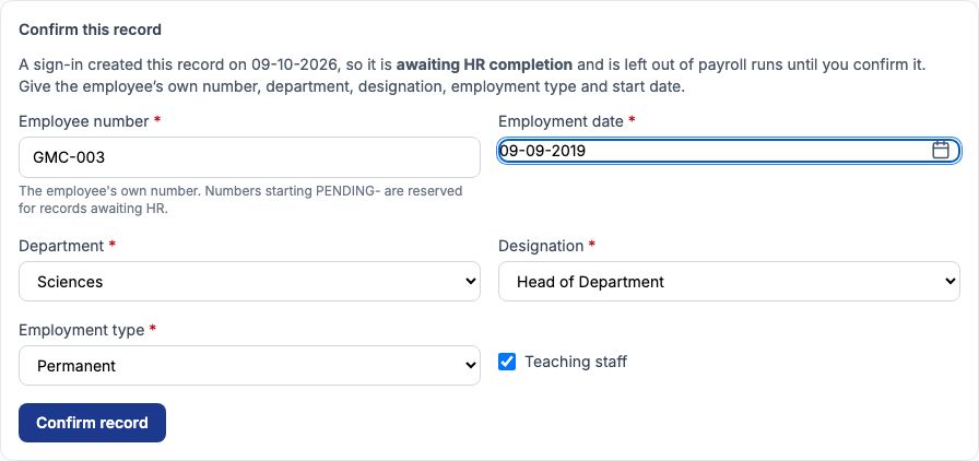 The Confirm this record panel filled in with GMC-003, 09-09-2019, Sciences, Head of Department and Permanent, with Teaching staff ticked