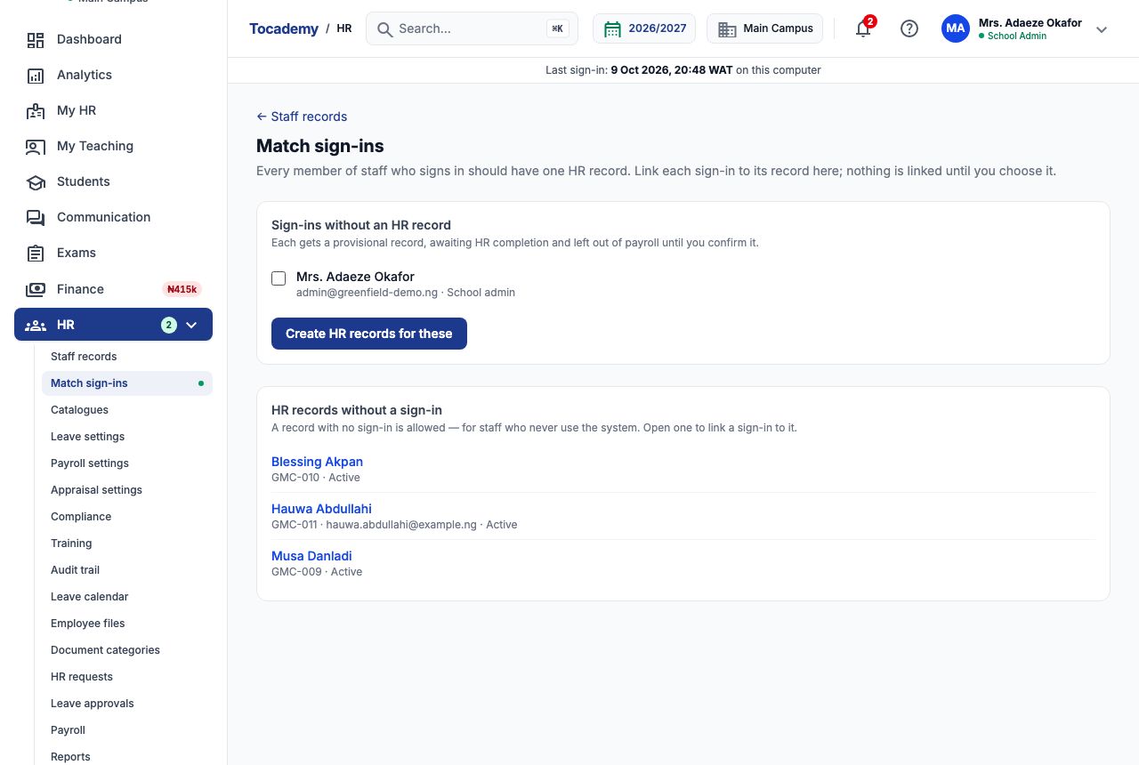 The Match sign-ins page with Mrs. Adaeze Okafor unticked under Sign-ins without an HR record above the Create HR records for these button, and Blessing Akpan, Hauwa Abdullahi and Musa Danladi listed under HR records without a sign-in