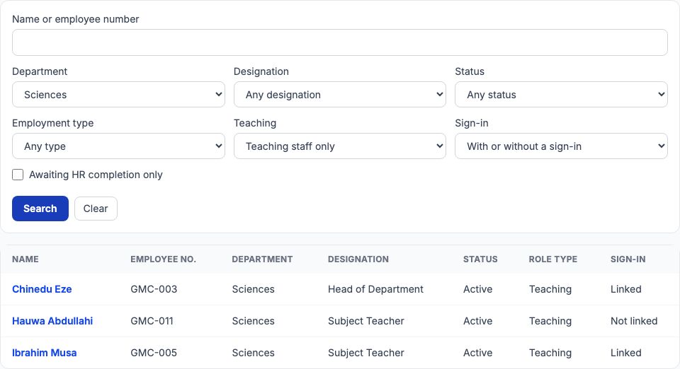 The staff filters set to Department Sciences and Teaching staff only, with Chinedu Eze, Hauwa Abdullahi and Ibrahim Musa listed