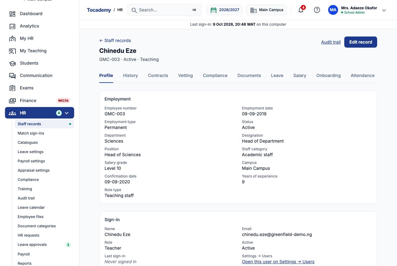 Chinedu Eze's record showing GMC-003, the row of tabs from Profile to Attendance, and the Employment panel with Sciences, Head of Department, Head of Sciences, Academic staff and Level 10