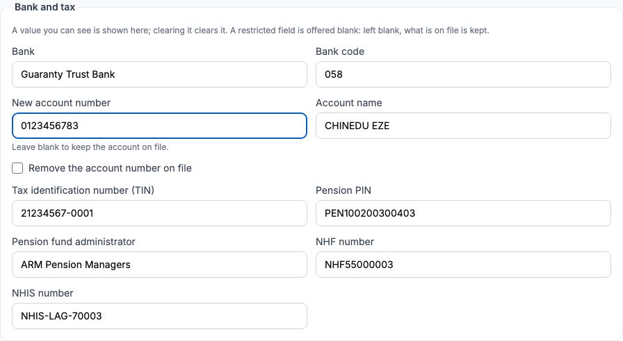 The Bank and tax section of the edit form filled in with Guaranty Trust Bank, bank code 058, account number 0123456783, account name CHINEDU EZE, TIN, pension and NHF and NHIS numbers