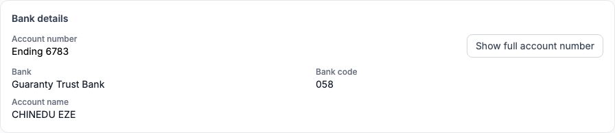 The Bank details panel showing Account number Ending 6783, Guaranty Trust Bank, bank code 058, account name CHINEDU EZE, and the Show full account number button