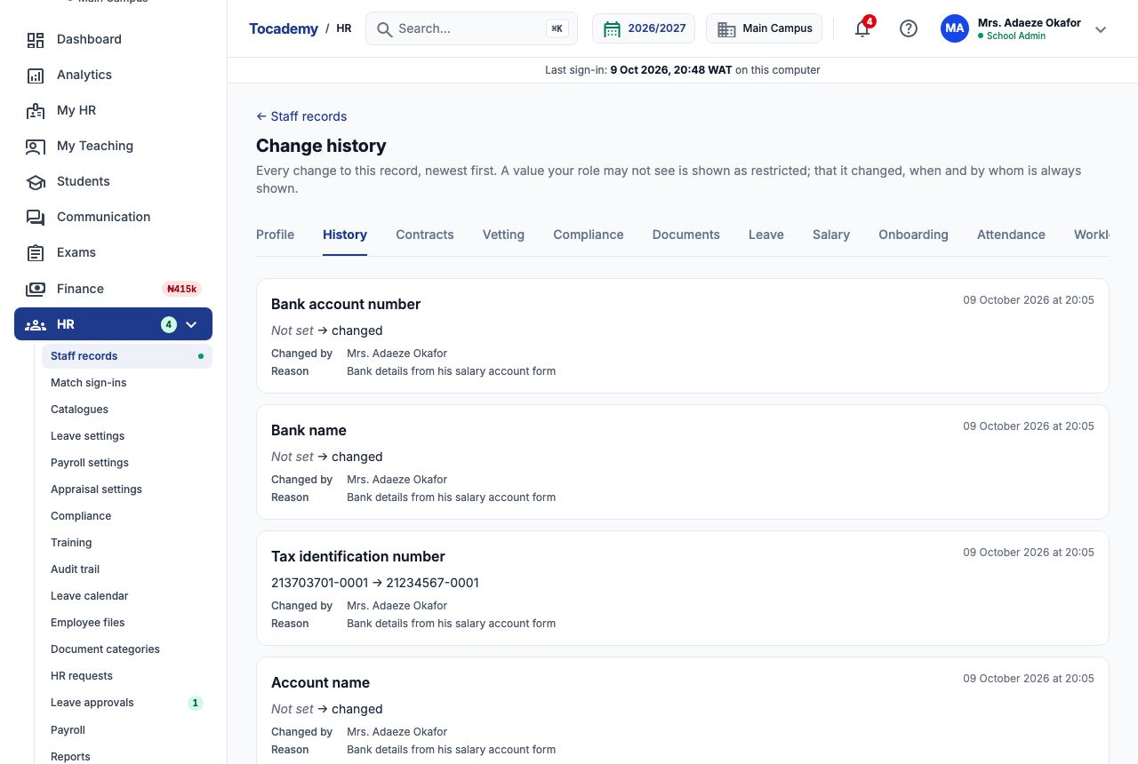 The Change history tab for Chinedu Eze listing Bank account number, Bank name, Tax identification number and Account name changes with the reason Bank details from his salary account form