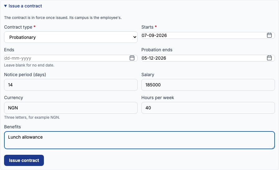 The Issue a contract form filled in: Probationary, starts 07-09-2026, probation ends 05-12-2026, notice 14 days, salary 185000 NGN, 40 hours, Lunch allowance