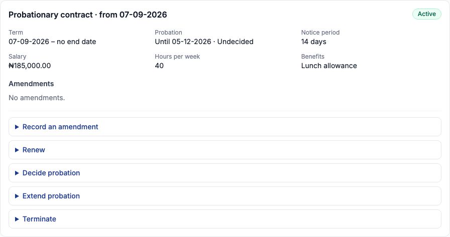 Aisha Bello's Probationary contract from 07-09-2026, Active, salary ₦185,000.00, probation until 05-12-2026 undecided, with Record an amendment, Renew, Decide probation, Extend probation and Terminate below