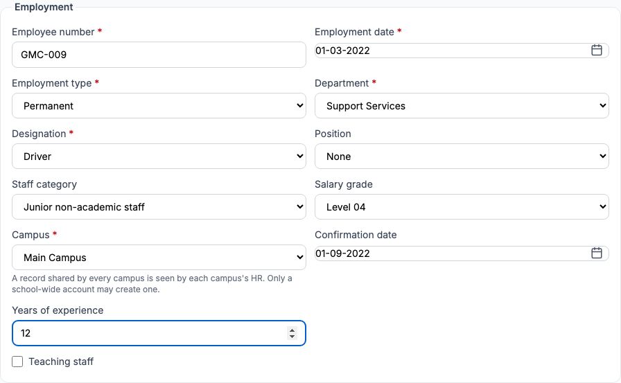 The Employment section of New staff record filled in for Musa Danladi: GMC-009, 01-03-2022, Permanent, Support Services, Driver, Junior non-academic staff, Level 04, Main Campus, 12 years of experience, Teaching staff unticked