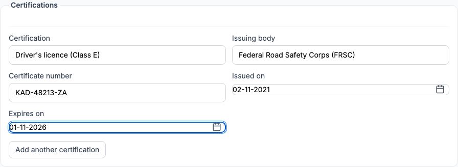 The Certifications section of the new record with Driver's licence (Class E), Federal Road Safety Corps (FRSC), licence number KAD-48213-ZA, issued 02-11-2021, expires 01-11-2026