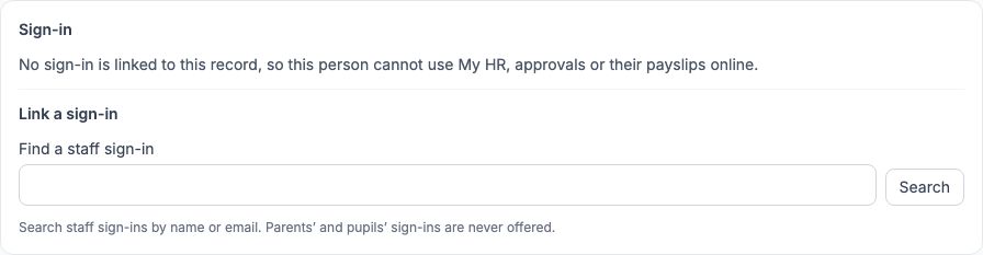 Musa Danladi's Sign-in panel saying no sign-in is linked, with a Find a staff sign-in search box to link one later