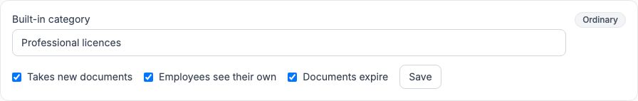 The Professional licences category with Takes new documents, Employees see their own and Documents expire all ticked