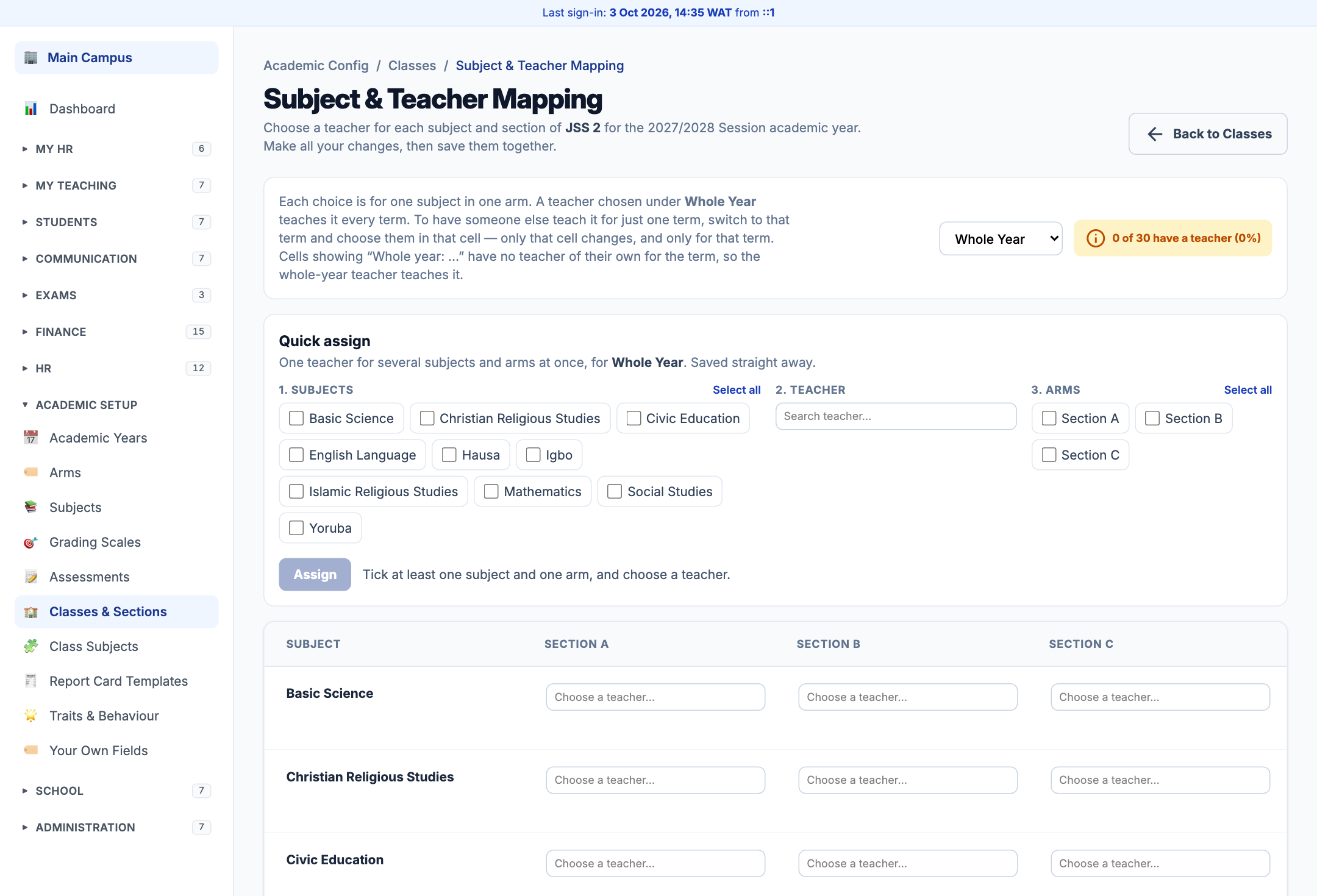 The Subject & Teacher Mapping page for JSS 2: the explanation, Whole Year selected with 0 of 30 have a teacher, the Quick assign panel, and the grid of subjects by Section A, B and C, all empty.