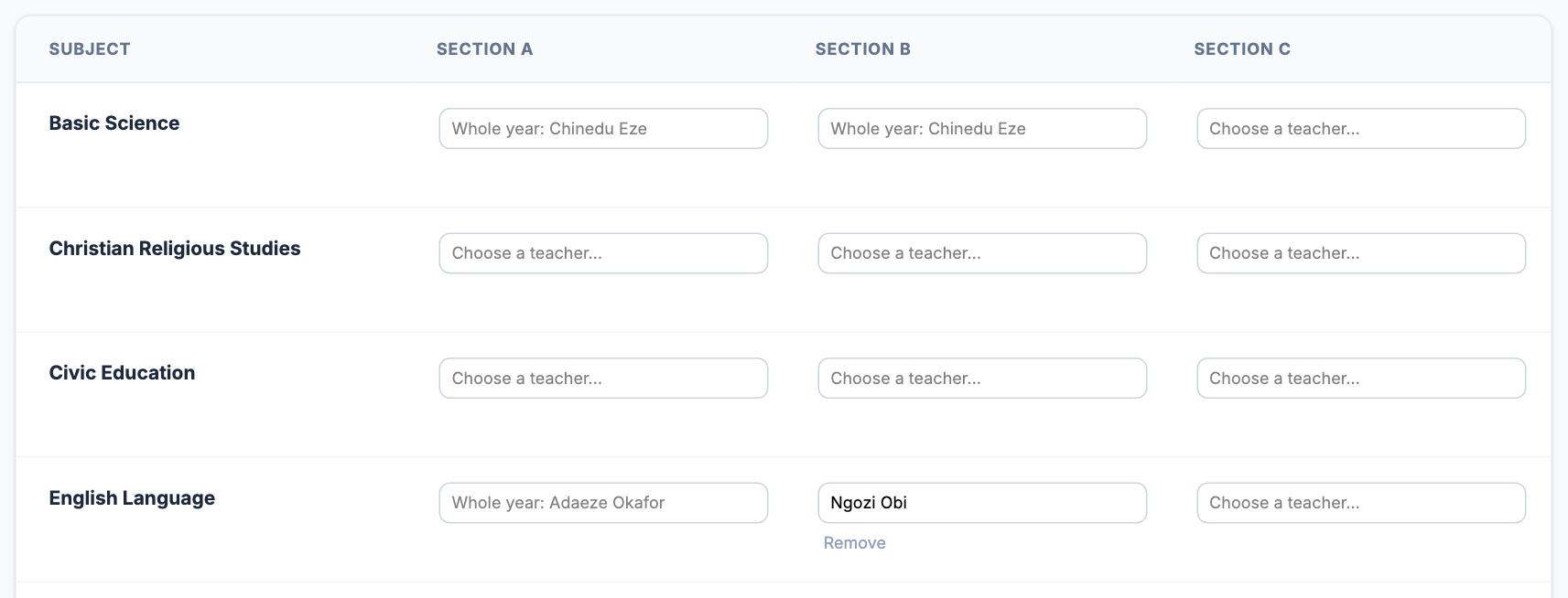 The grid in Second Term with English Language Section B set to Ngozi Obi and a Remove link, while Section A still shows Whole year: Adaeze Okafor in grey.