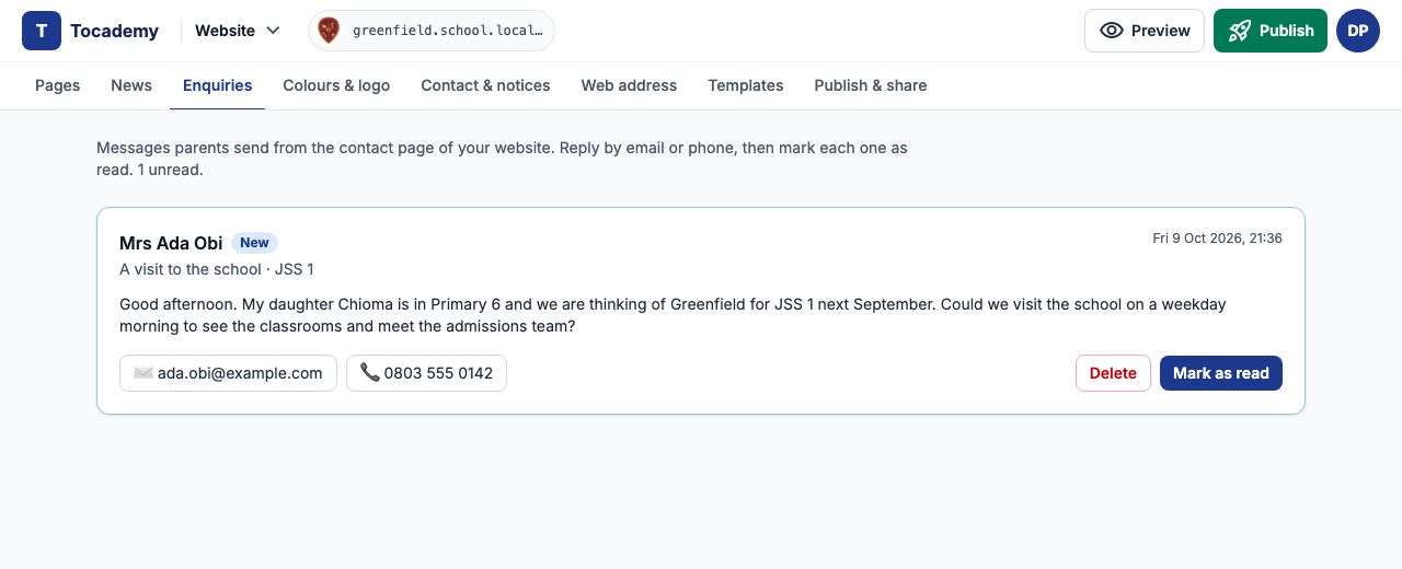 The Enquiries tab with 1 unread: Mrs Ada Obi marked New, A visit to the school · JSS 1, sent Fri 9 Oct 2026, 21:36, her message, her email and phone, and Delete and Mark as read buttons.