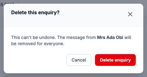 Delete this enquiry? This can't be undone. The message from Mrs Ada Obi will be removed for everyone. Cancel and Delete enquiry buttons.
