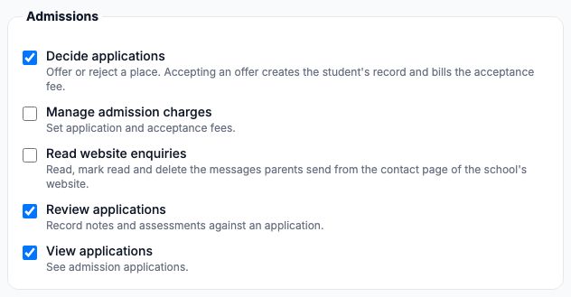 The Admissions group of permissions for the Principal role: Decide applications, Manage admission charges, Read website enquiries (not ticked), Review applications and View applications.